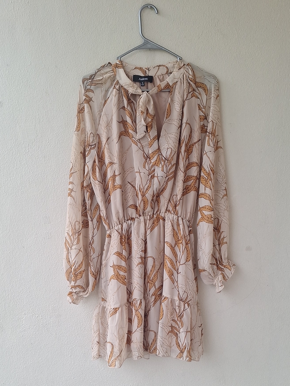 Aakaa Cream Dress with Golden Leaf Print - Long Sleeve Tie-Neck Size S